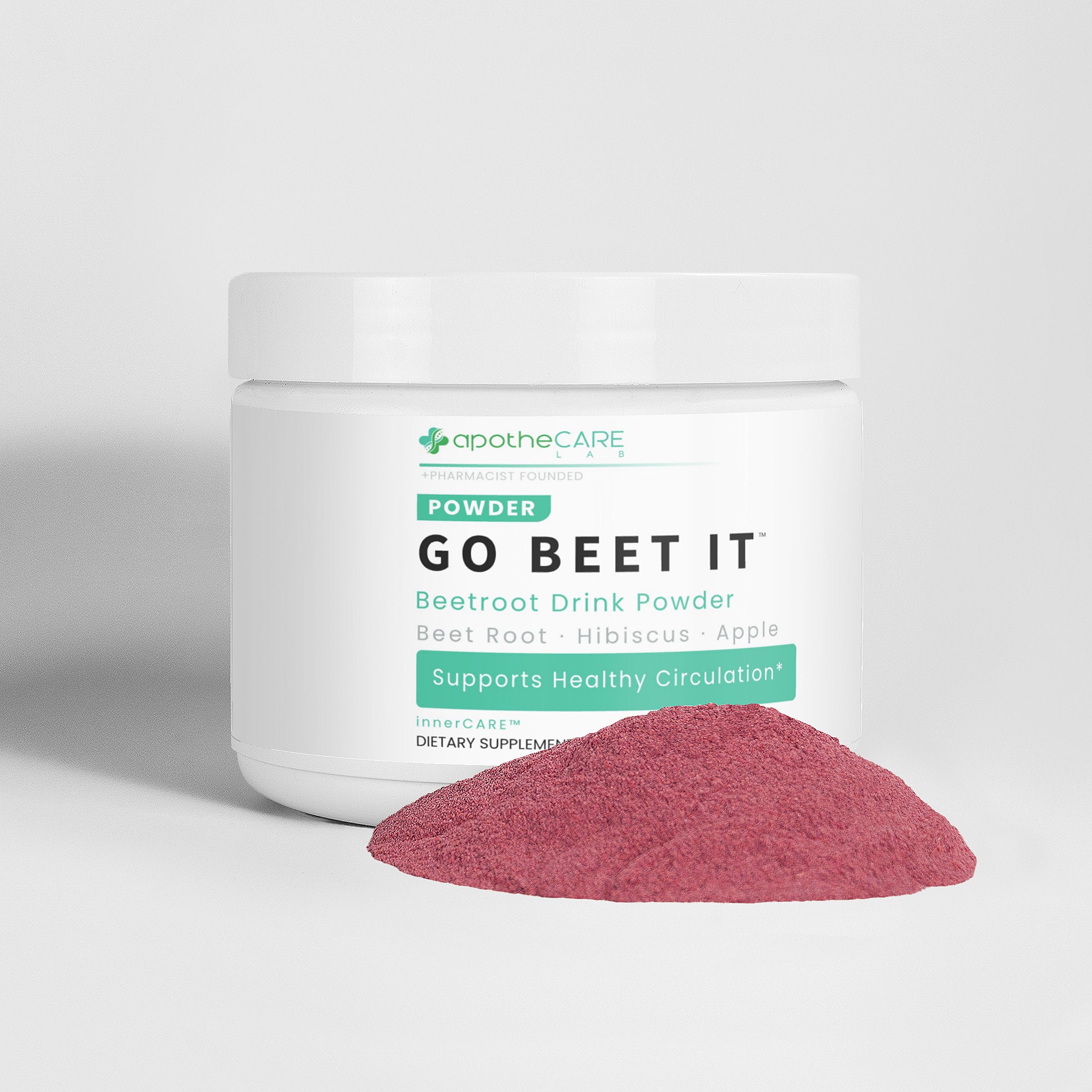 A white plastic tub of ApotheCare Go Beet It Beetroot Drink Powder with a small mound of the dark pink beetroot powder in front, set against a clean light gray background.
