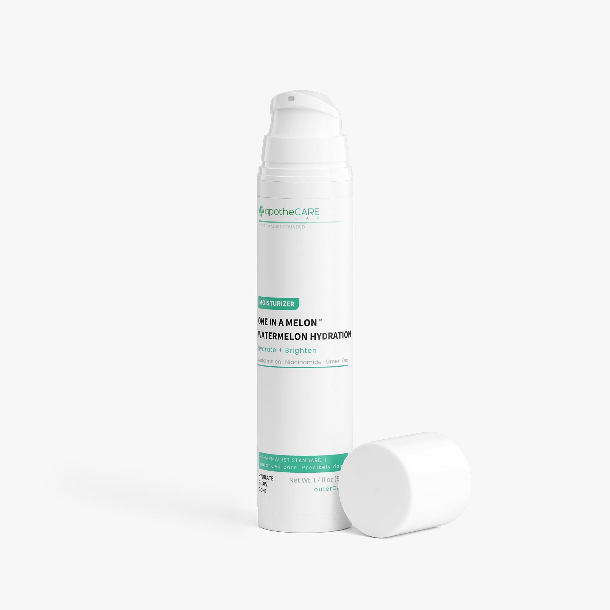 A white cylindrical pump bottle labeled Watermelon Hydration with its cap placed beside it on a clean white background.