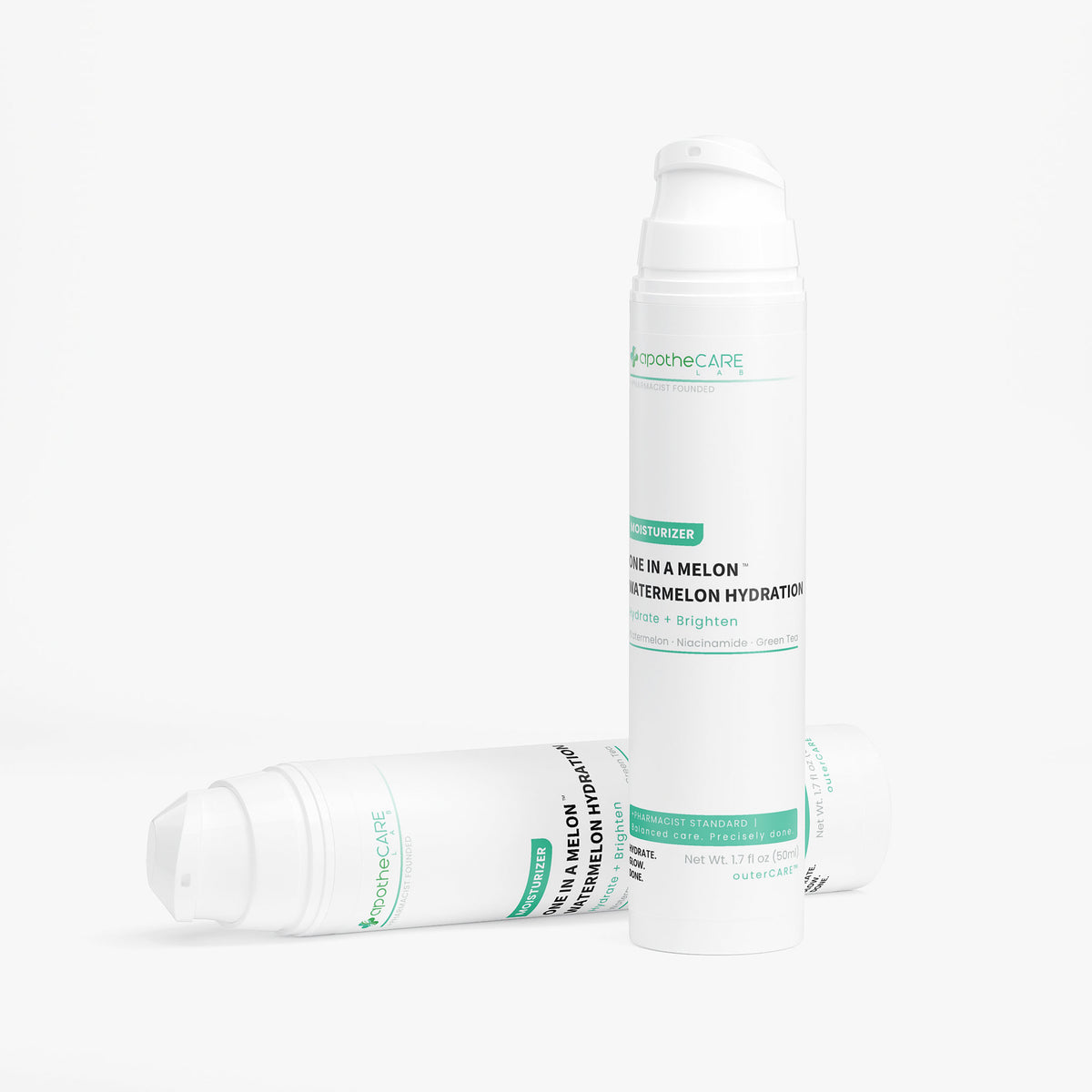 Two white plastic pump bottles of apotheCARE watermelon hydration moisturizer, one standing upright and one lying on its side, on a clean white background.