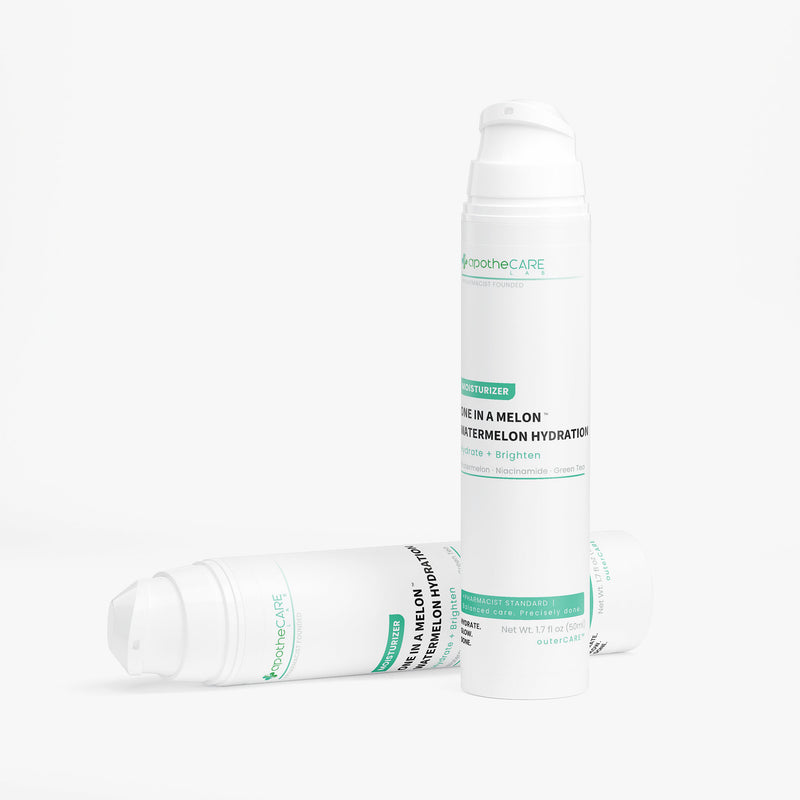 Two white plastic pump bottles of apotheCARE watermelon hydration moisturizer, one standing upright and one lying on its side, on a clean white background.