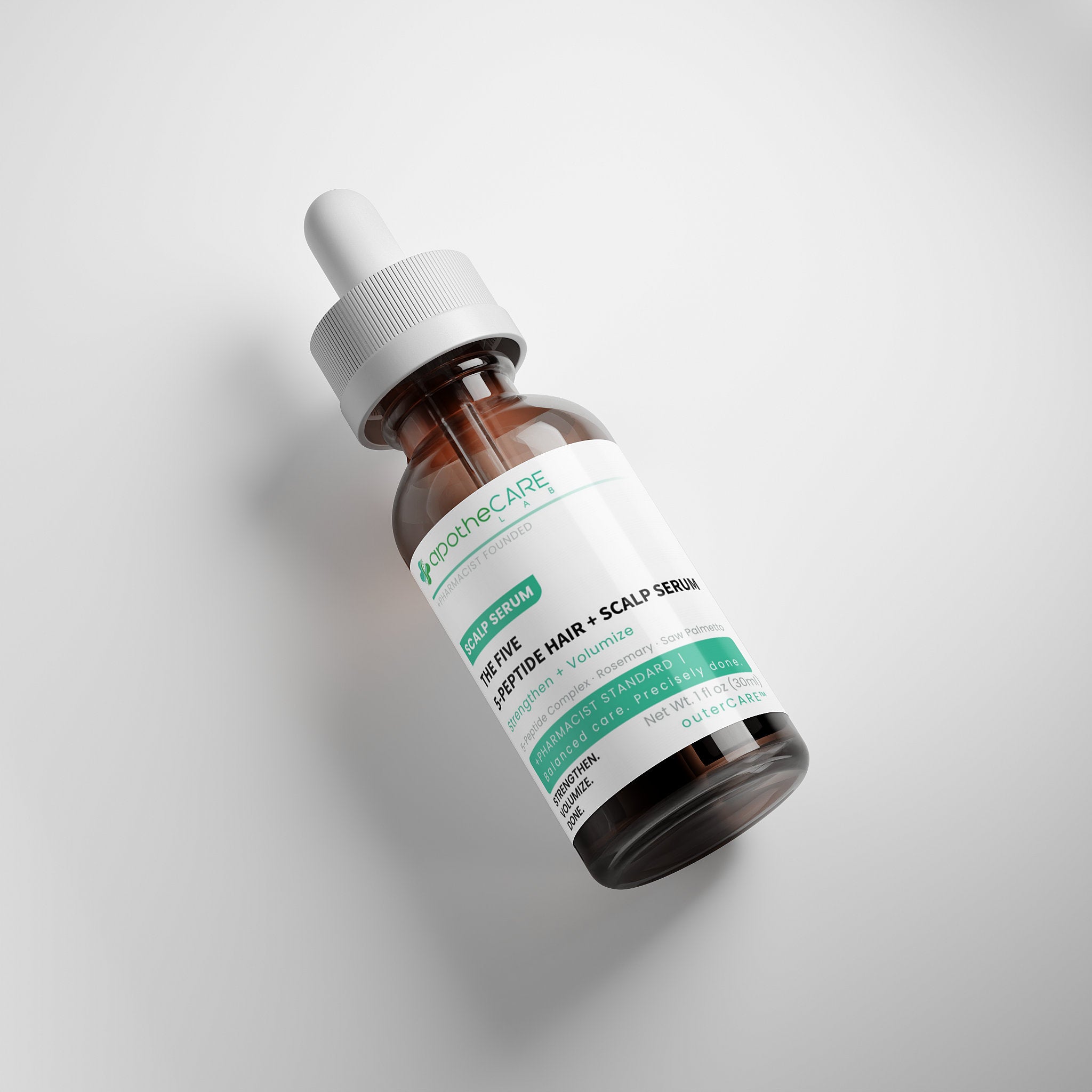 Bottle of peptide scalp serum on a light gray background