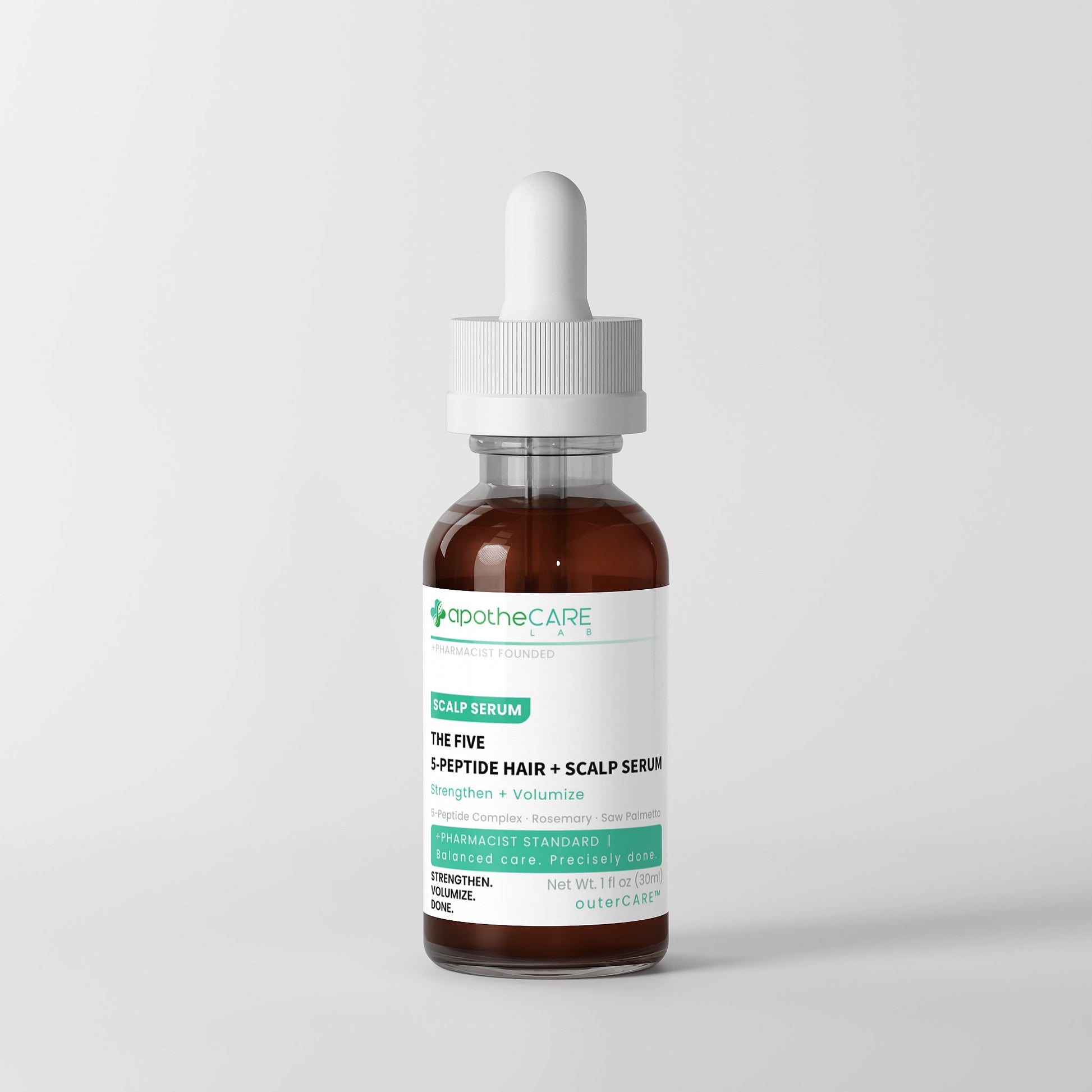 A bottle of apotheCARE The Five 5-Peptide Hair + Scalp Serum with a white dropper cap and a white label with green and black text, set against a clean light gray background.