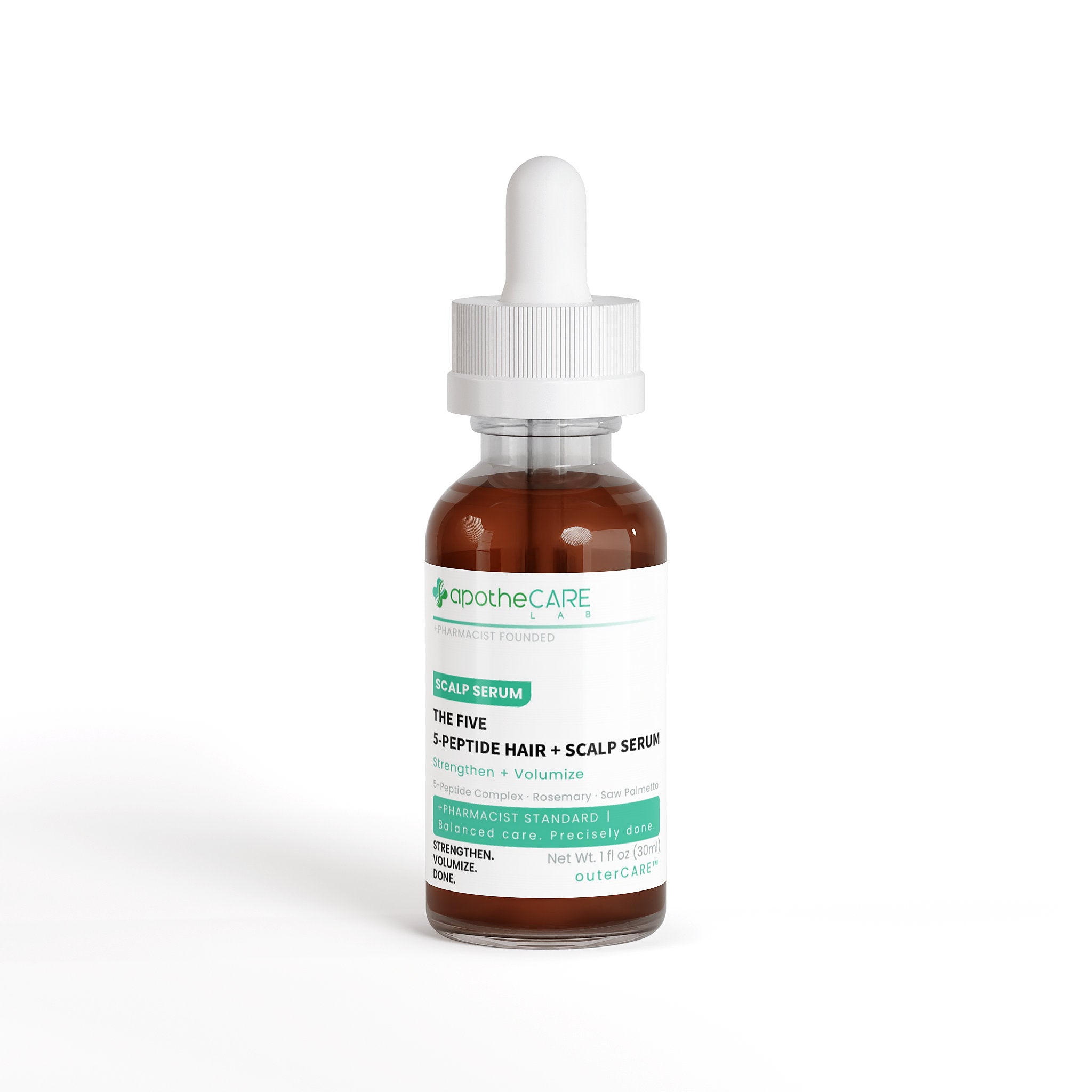 A bottle of ApothoCare 'The Five + Peptide Hair + Scalp Serum' in a amber glass dropper bottle with a white cap and white label, set against a plain white background.