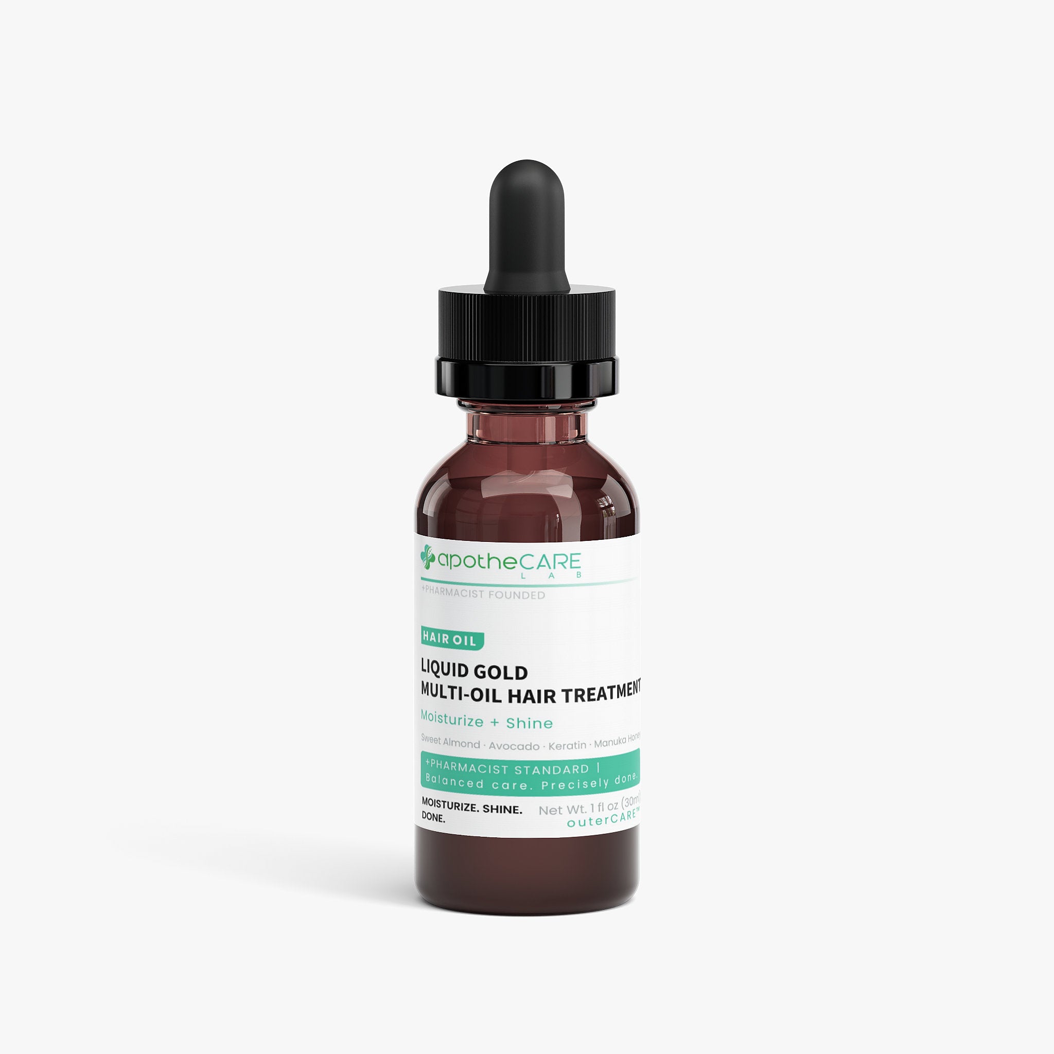 An amber glass dropper bottle of apotheCARE Liquid Gold Multi-Oil Hair Treatment on a clean white background.