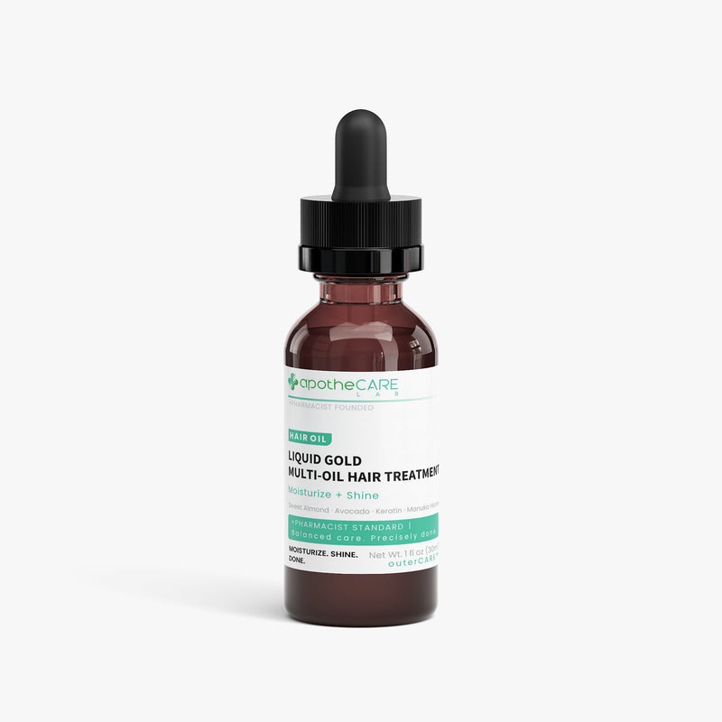 An amber glass dropper bottle of apotheCARE Liquid Gold Multi-Oil Hair Treatment on a clean white background.