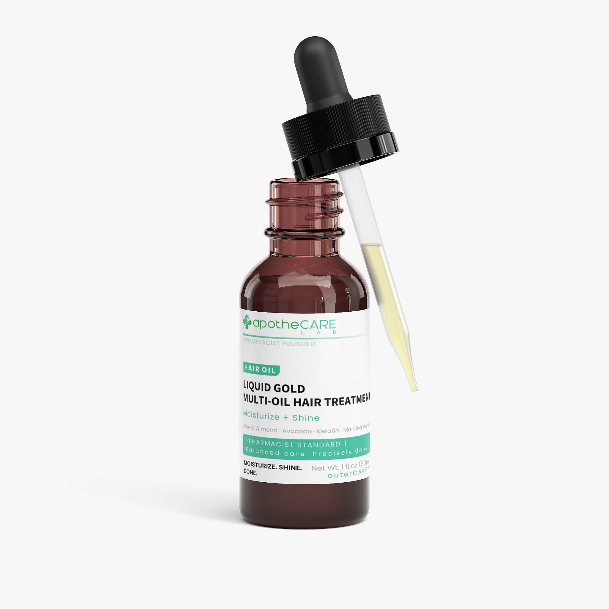 A 10ml amber glass dropper bottle of ApotheCare Liquid Gold Hair Oil with a black dropper cap, shown on a clean white background.