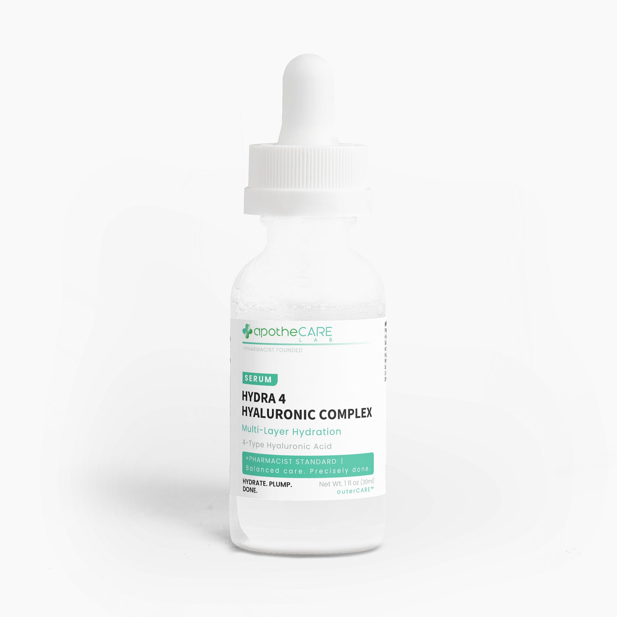 A dropper bottle of apotheCARE Hydra 4 - Hyaluronic Complex serum, featuring a white bottle, white cap, and a label with white, green, and black text, set against a seamless white background.