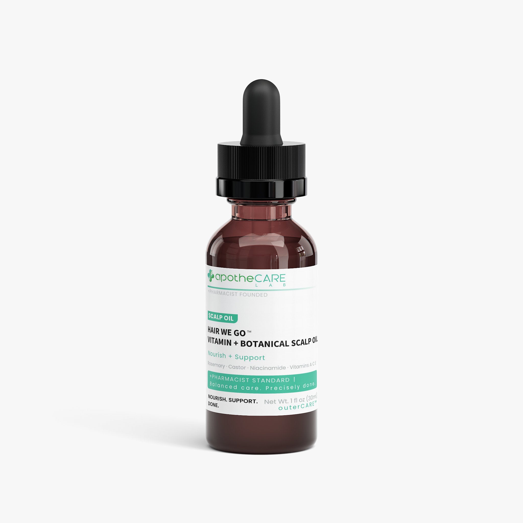 A amber glass dropper bottle of apothecare Hair We Go Scalp Oil with a black dropper cap and a white label featuring green accents, set against a clean white background.