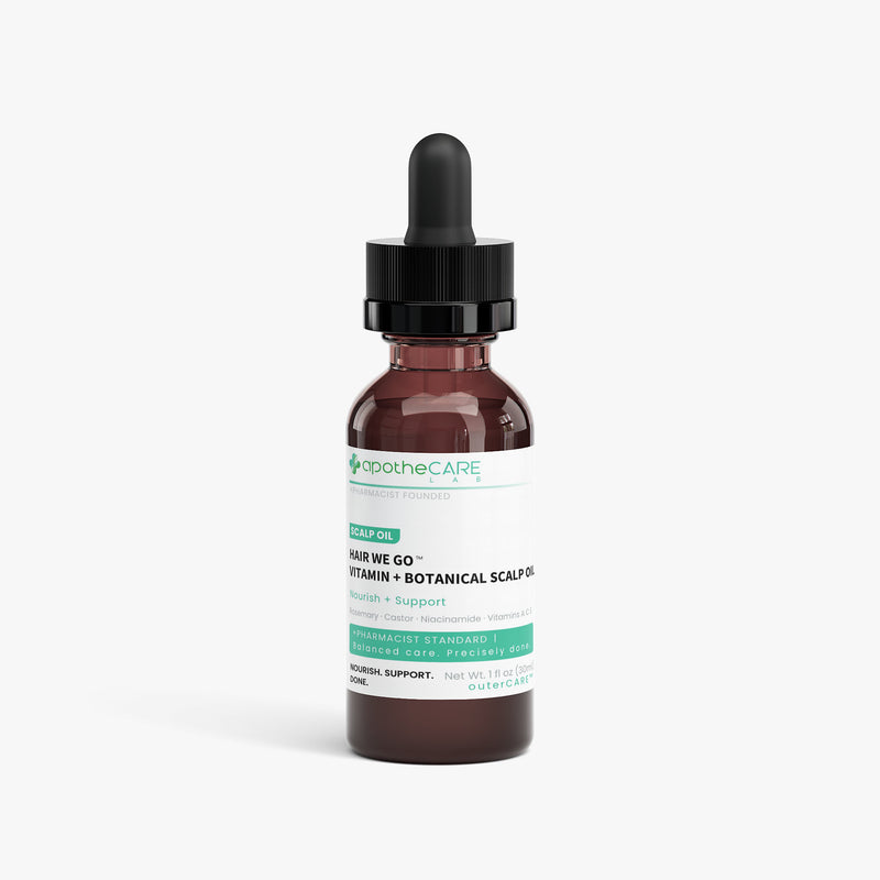 A amber glass dropper bottle of apothecare Hair We Go Scalp Oil with a black dropper cap and a white label featuring green accents, set against a clean white background.