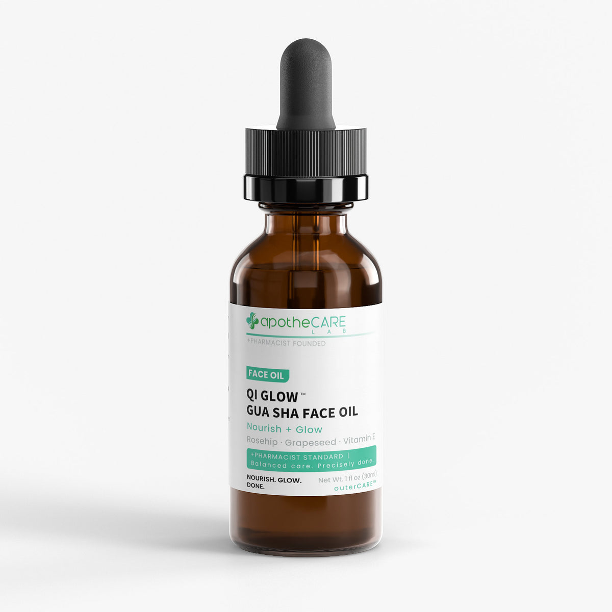 A amber glass dropper bottle of apothecare Labs Qi Glow Gua Sha Face Oil, featuring a white label with green and black text, set against a clean white background.