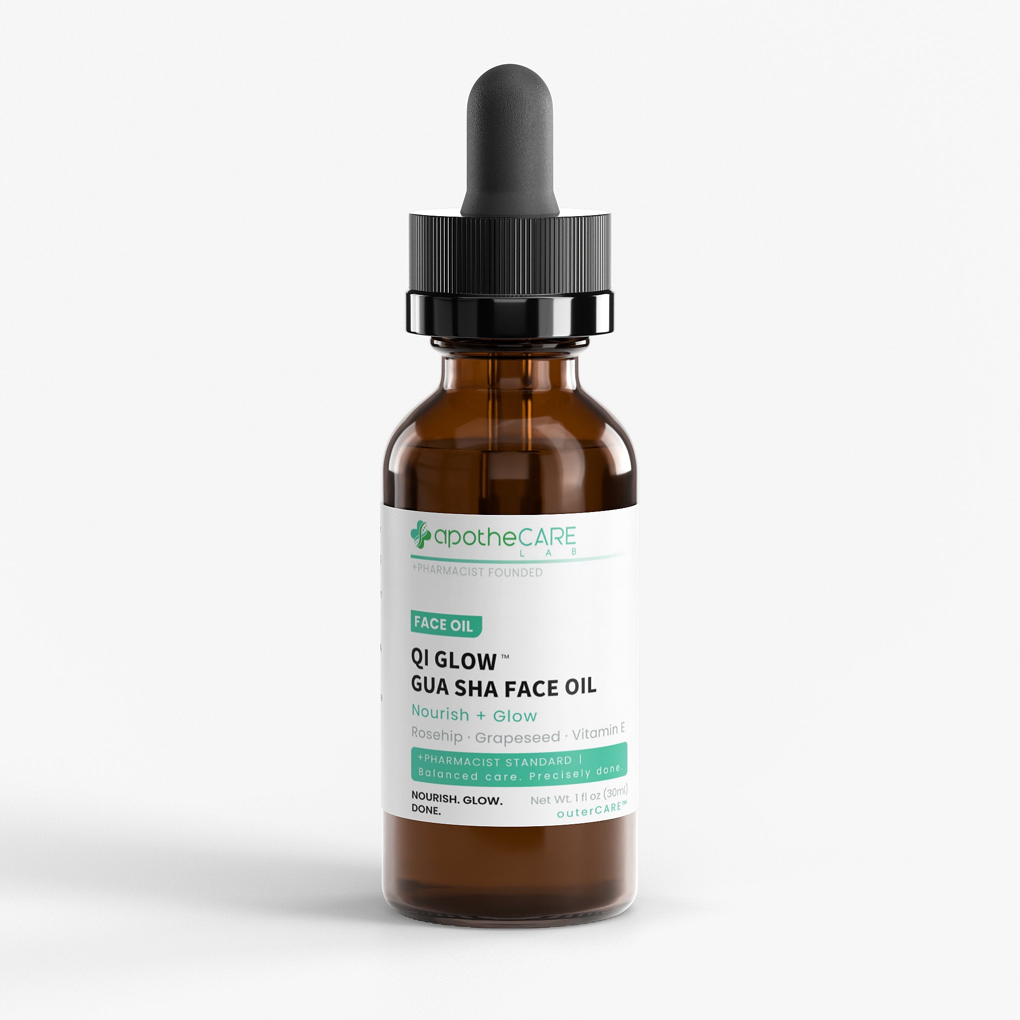 A amber glass dropper bottle of apothecare Labs Qi Glow Gua Sha Face Oil, featuring a white label with green and black text, set against a clean white background.