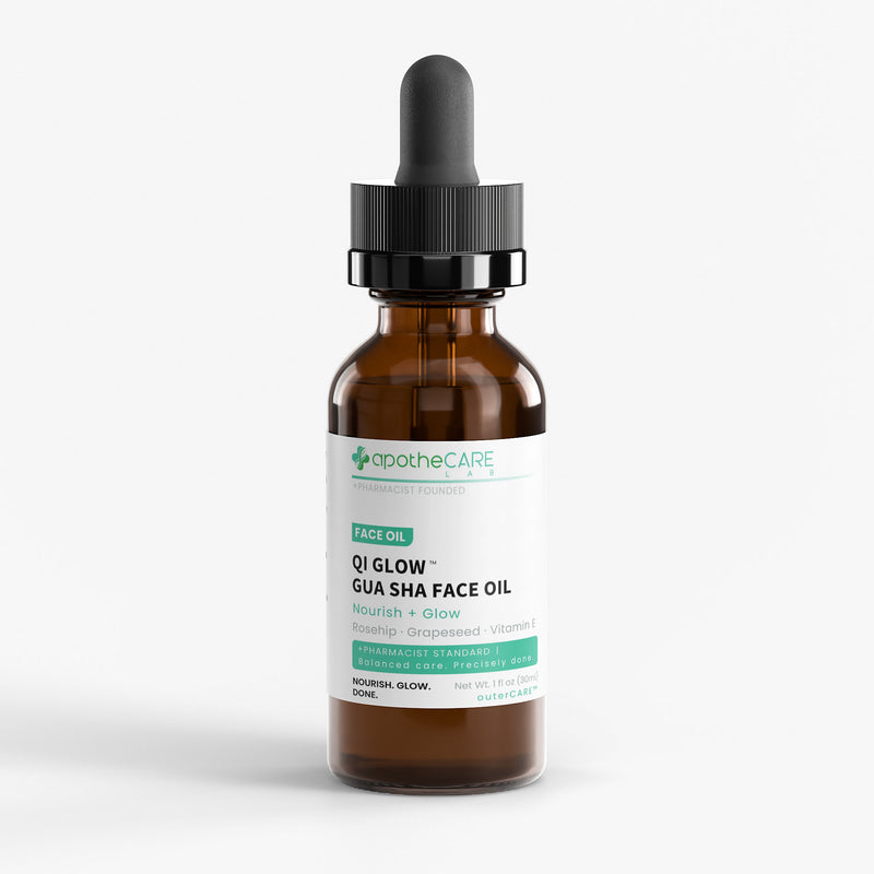 A amber glass dropper bottle of apothecare Labs Qi Glow Gua Sha Face Oil, featuring a white label with green and black text, set against a clean white background.