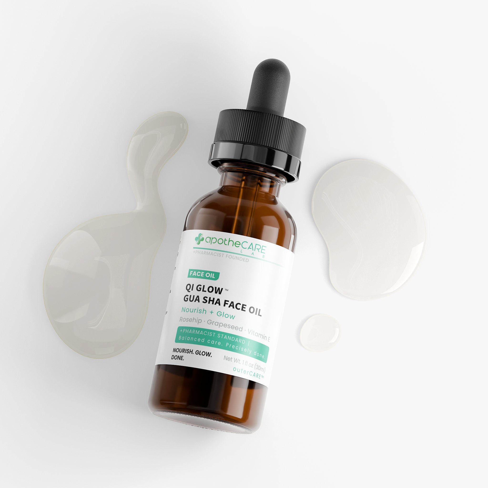 Bottle of Gua Sha face oil with a dropper on a white background