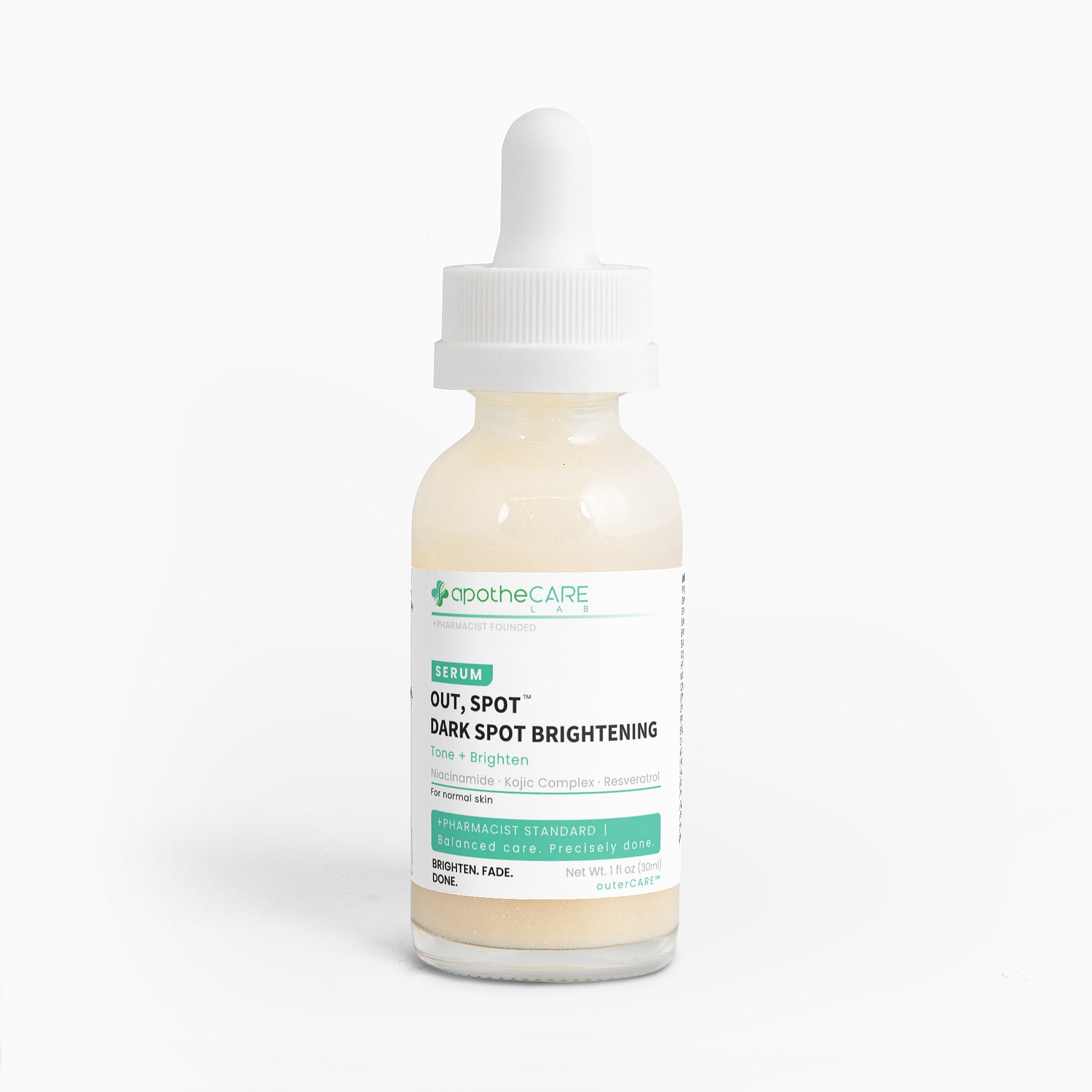 A bottle of ApotheCare Serum Out, Spot Dark Spot Brightening, with a white dropper cap and a white label featuring green and black text, set against a plain white background.