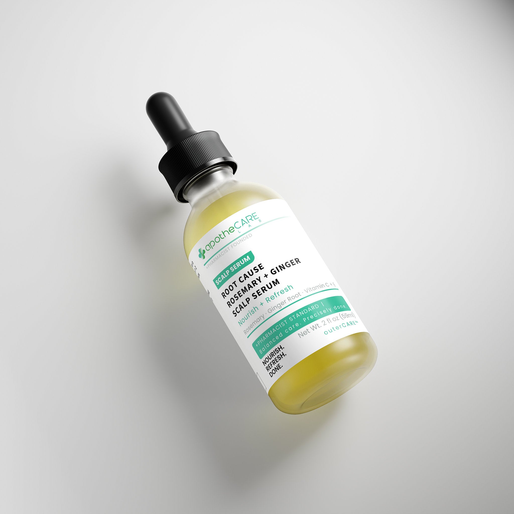 A bottle of apotheCARE LAB Root Cause Scalp & Hair Serum with a black dropper cap, shown on a clean light gray background.