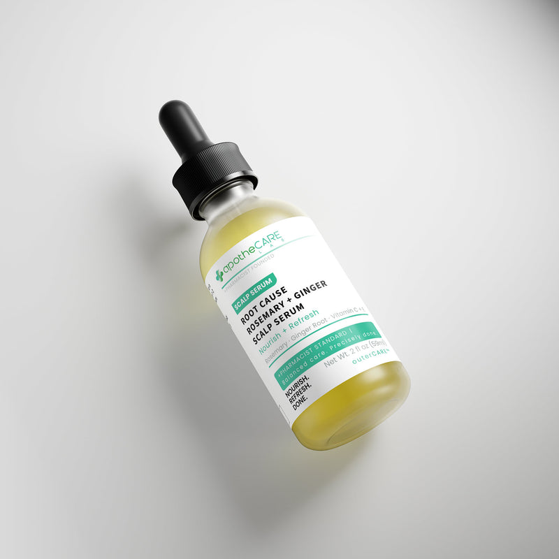 A bottle of apotheCARE LAB Root Cause Scalp & Hair Serum with a black dropper cap, shown on a clean light gray background.
