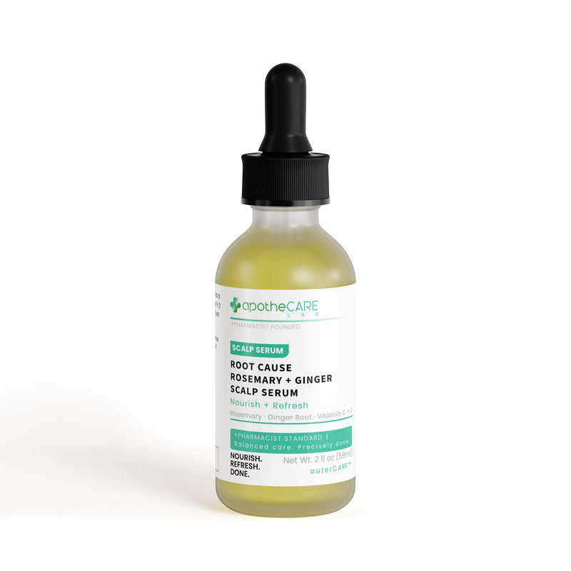 A glass dropper bottle of apothecare lab Root Cause Scalp Serum with a black dropper cap and a white label featuring green and black text, set against a plain white background.