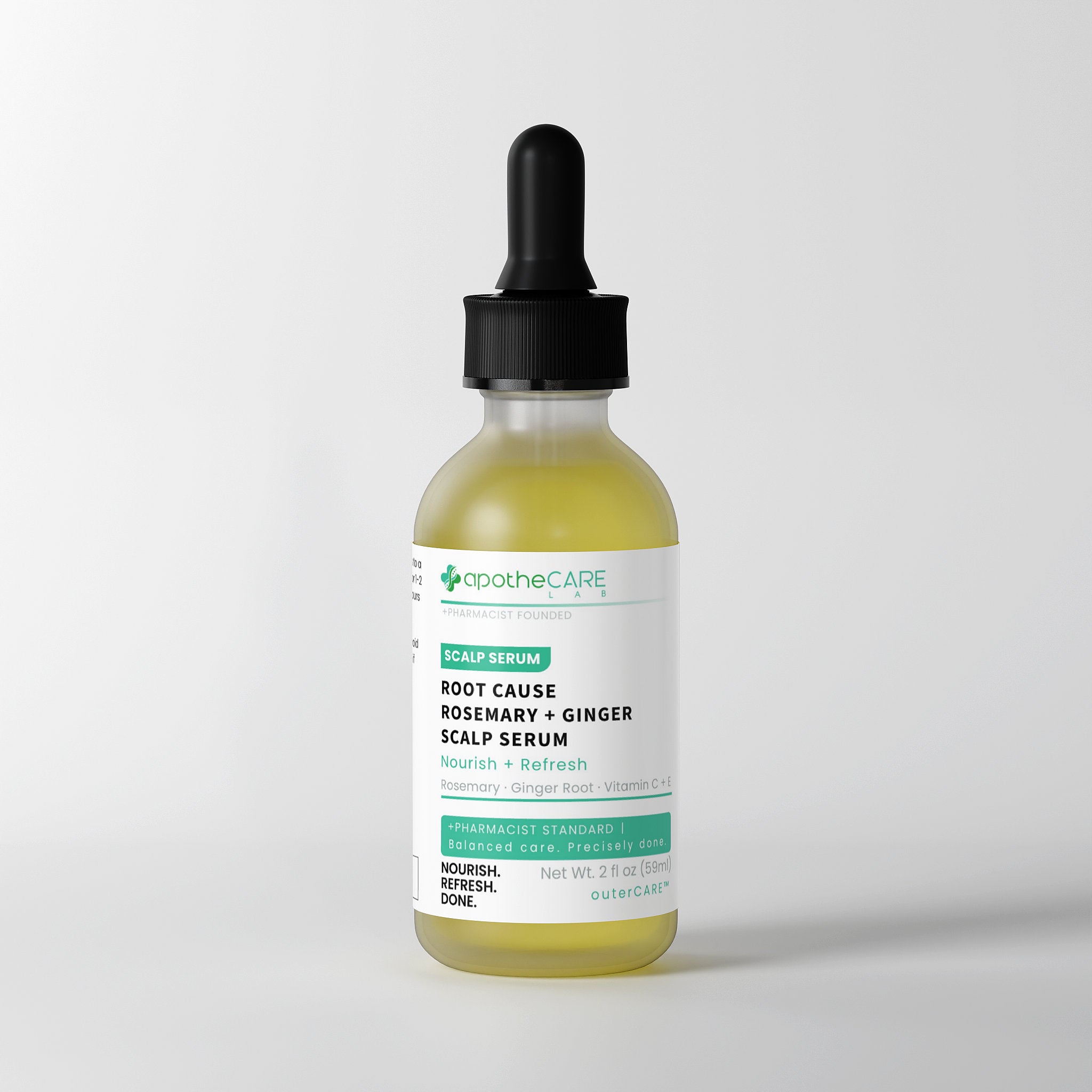 A glass dropper bottle of Apothecare Lab Root Cause Scalp Serum, featuring a black dropper cap and a white label with green and teal accents, set against a clean white background.