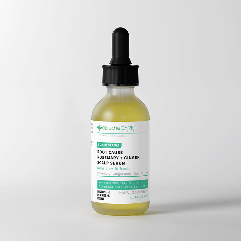 A glass dropper bottle of Apothecare Lab Root Cause Scalp Serum, featuring a black dropper cap and a white label with green and teal accents, set against a clean white background.