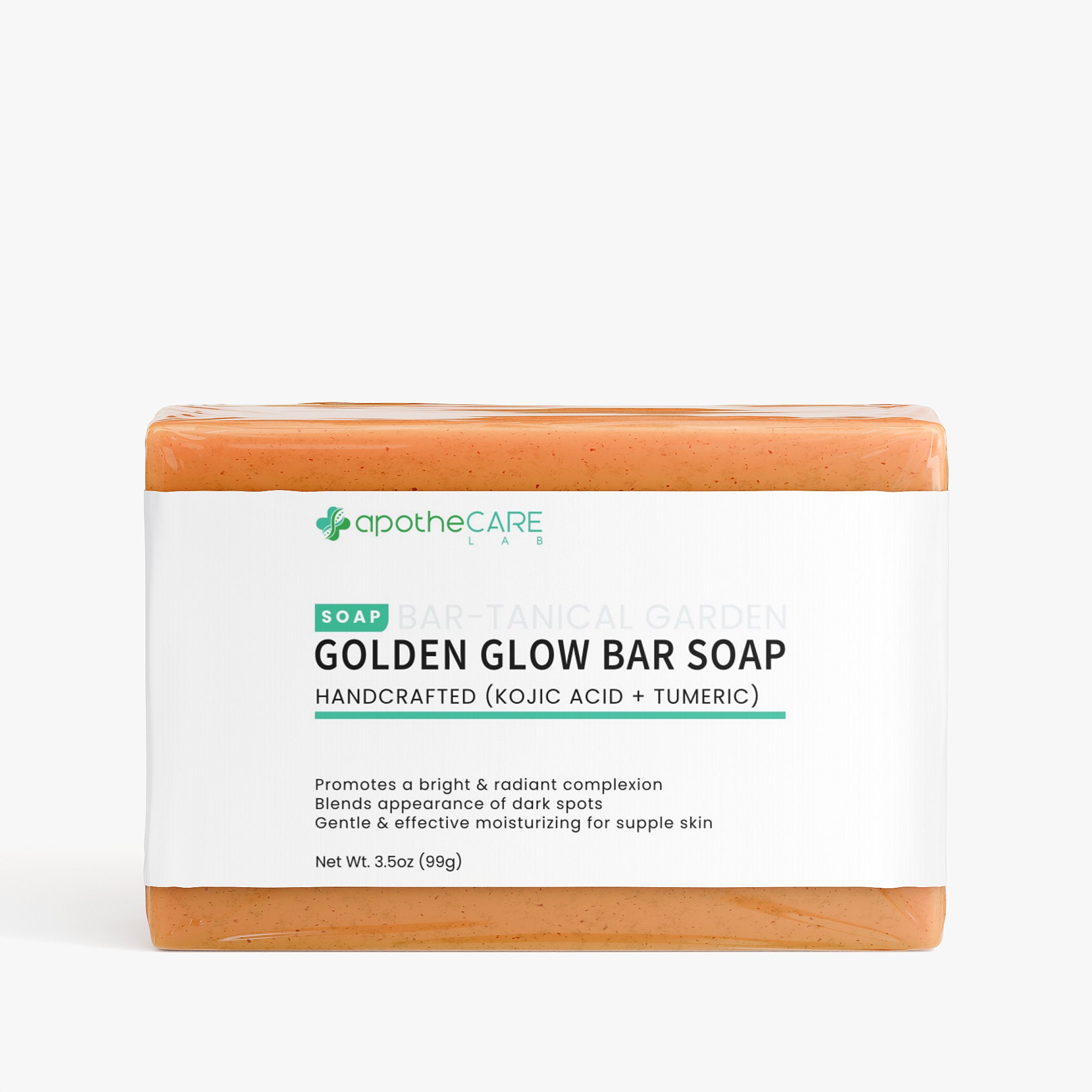 A rectangular bar of orange-brown soap wrapped in a white paper label that reads 'apothecary garden GOLDEN GLOW BAR SOAP' on a clean white background.