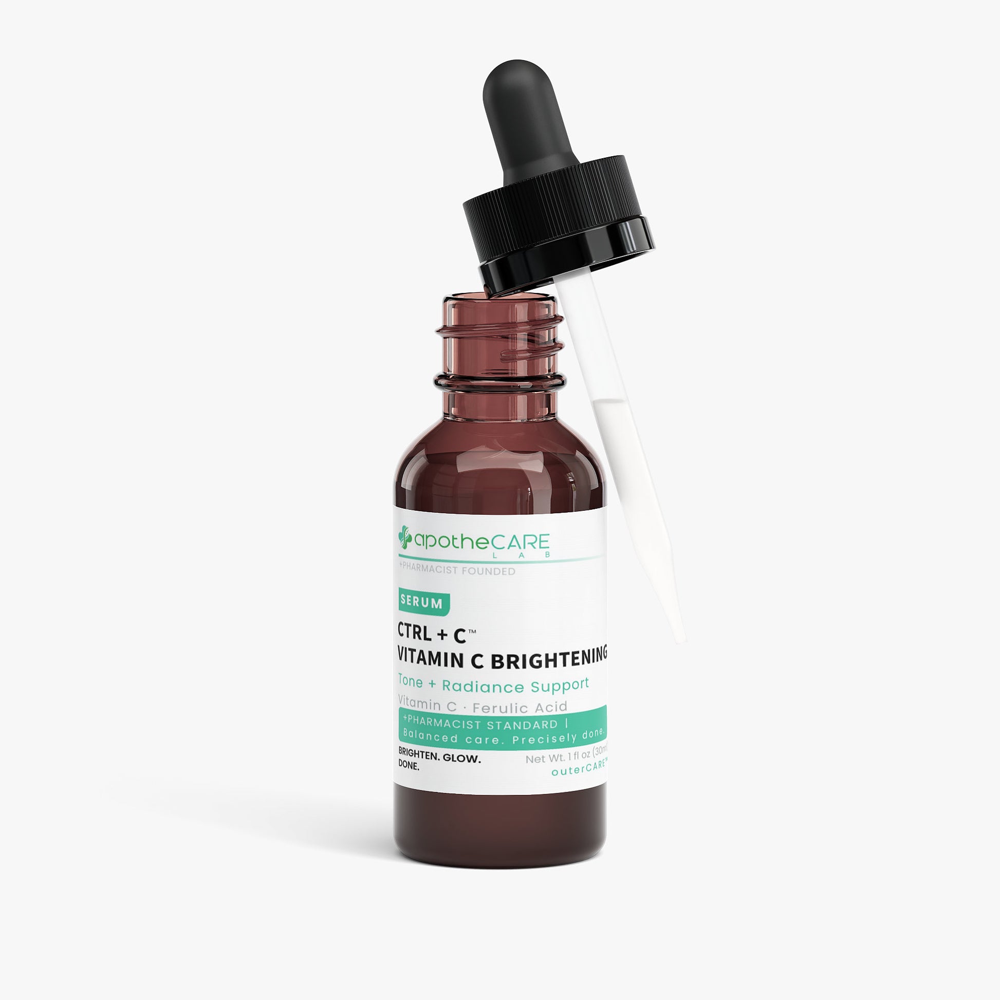 ApotheCARE vitamin C serum bottle with dropper on a white background