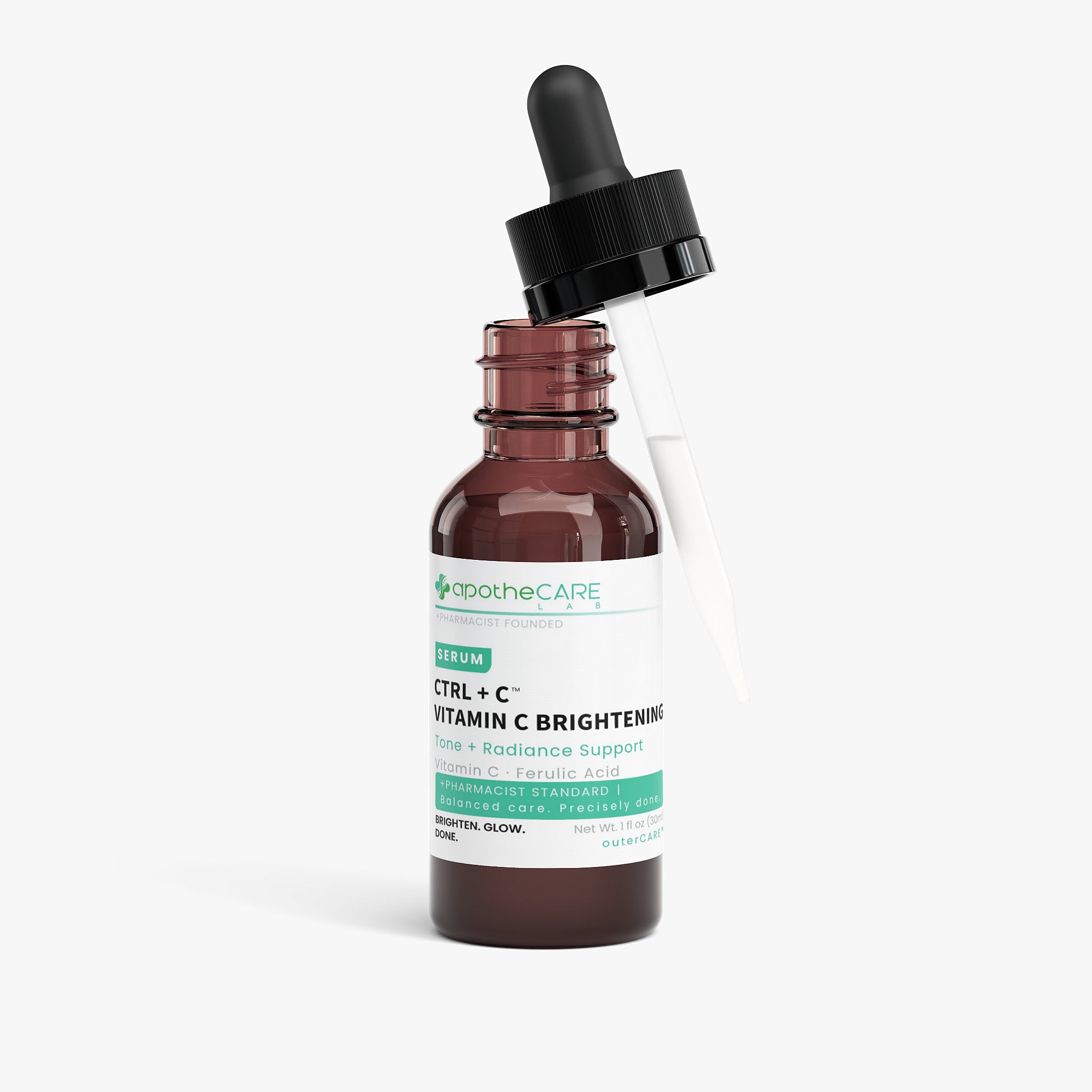ApotheCARE vitamin C serum bottle with dropper on a white background
