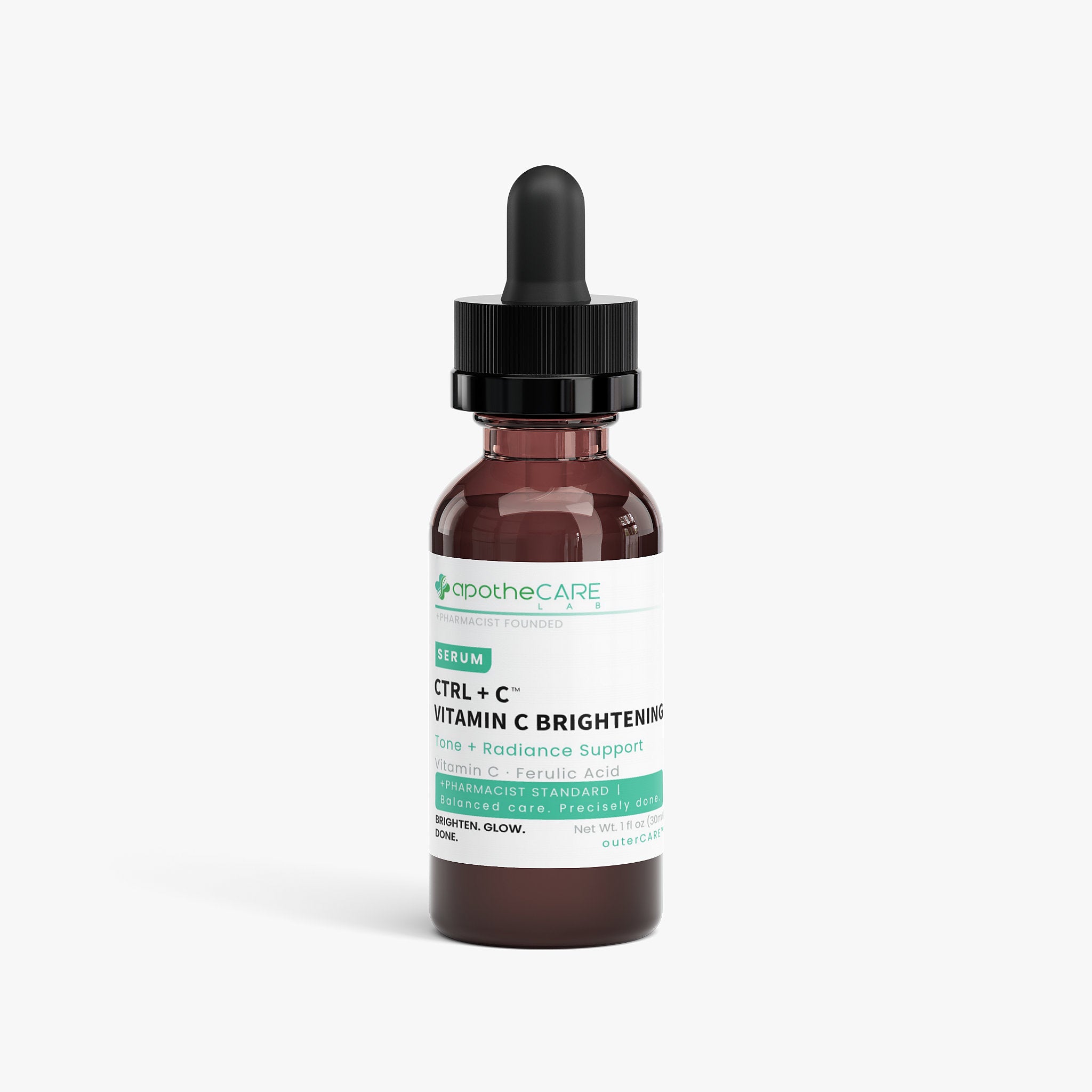 ApotheCARE vitamin C serum bottle with dropper on a white background