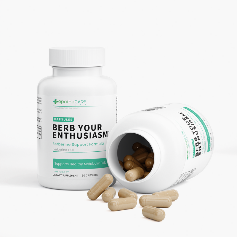 A white bottle of apotheCare Berb Your Enthusiasm dietary supplement stands upright next to another tipped-over bottle showing tan capsules inside, with several capsules scattered in front on a light gray background.