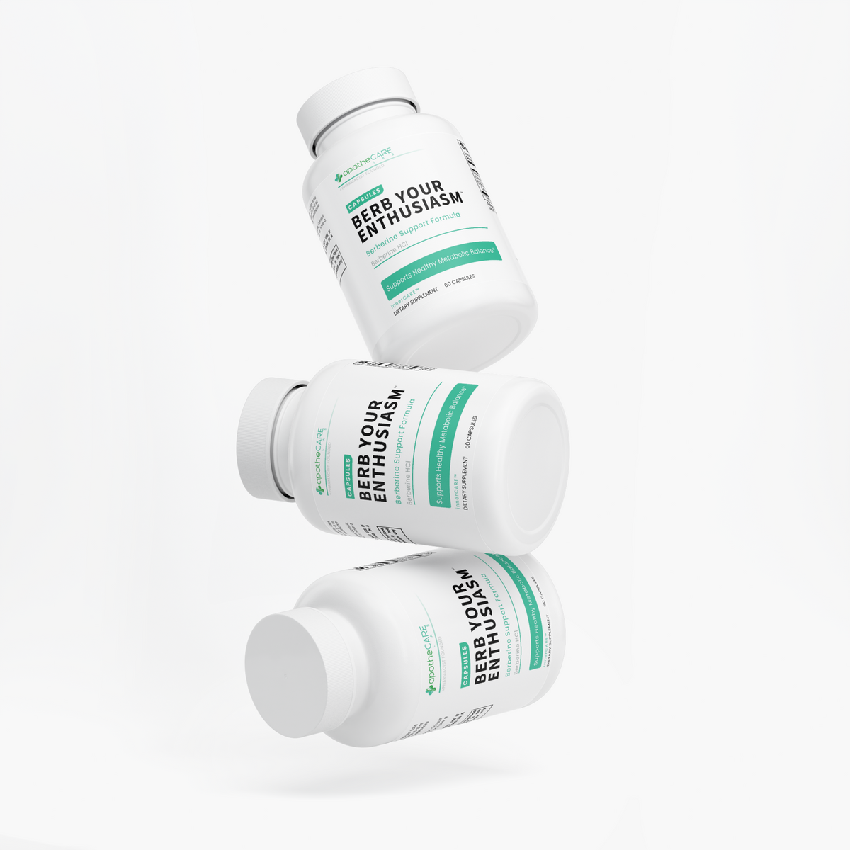 Three bottles of 'Berb Your Enthusiasm' supplement on a white background