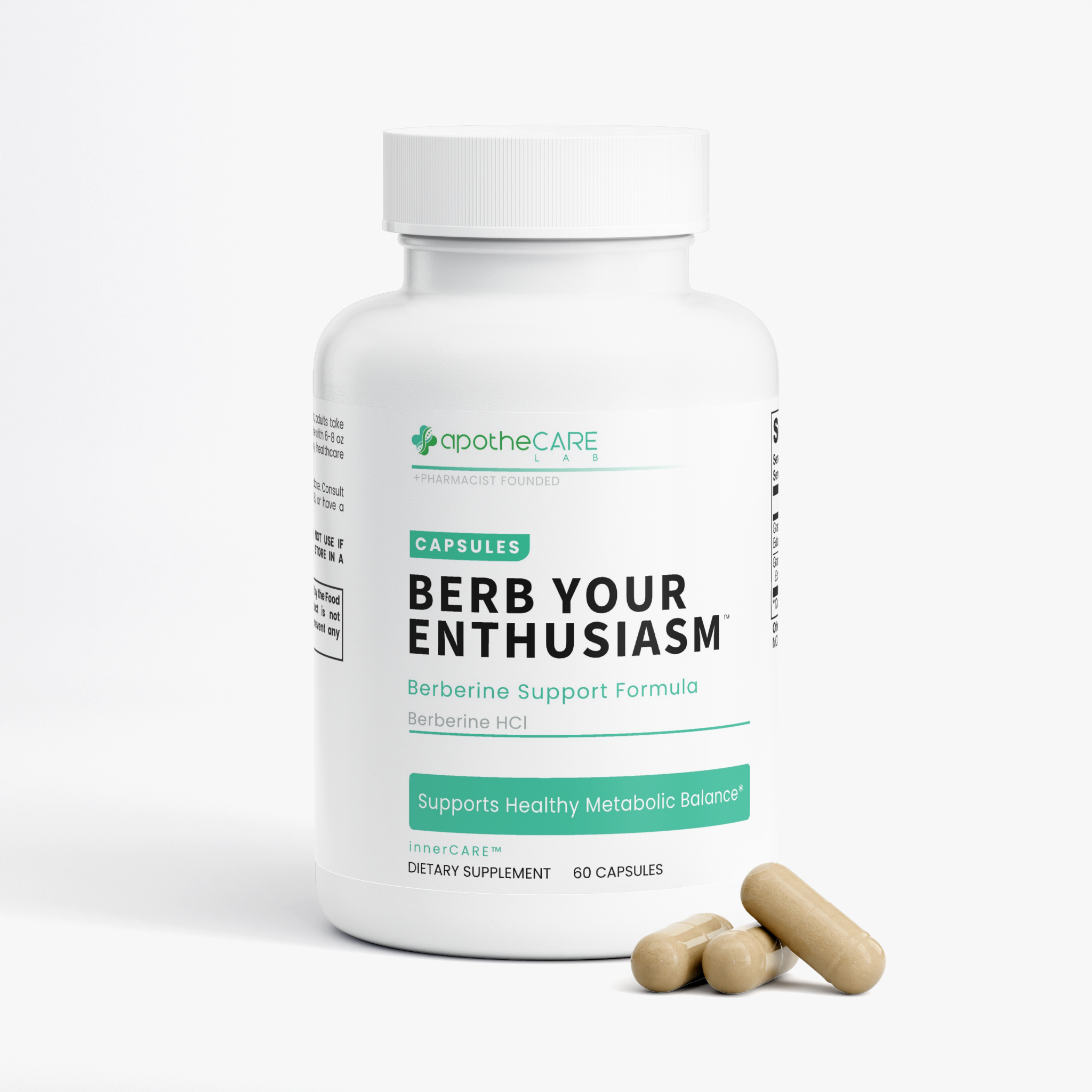 Supplement bottle labeled 'Berb Your Enthusiasm' with capsules on a white background