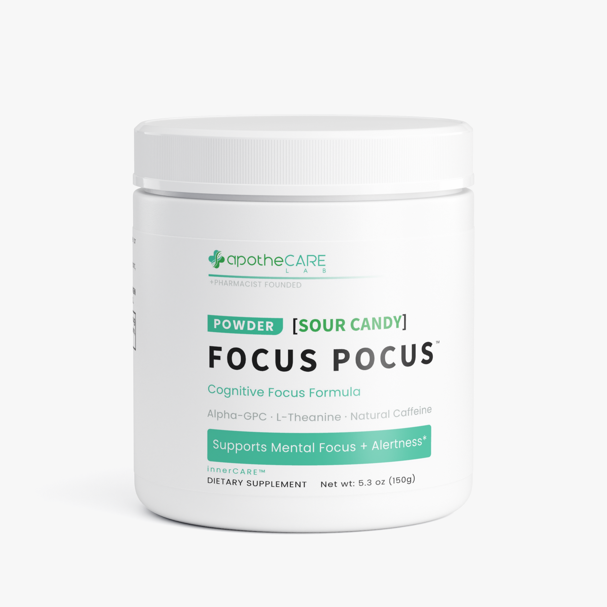 A white plastic tub of apotheCARE Focus Pocus dietary supplement powder, featuring a white lid and a label with green and black text on a clean white background.