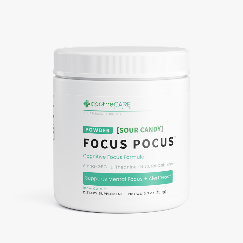 A white plastic tub of apotheCARE Focus Pocus dietary supplement powder, featuring a white lid and a label with green and black text on a clean white background.