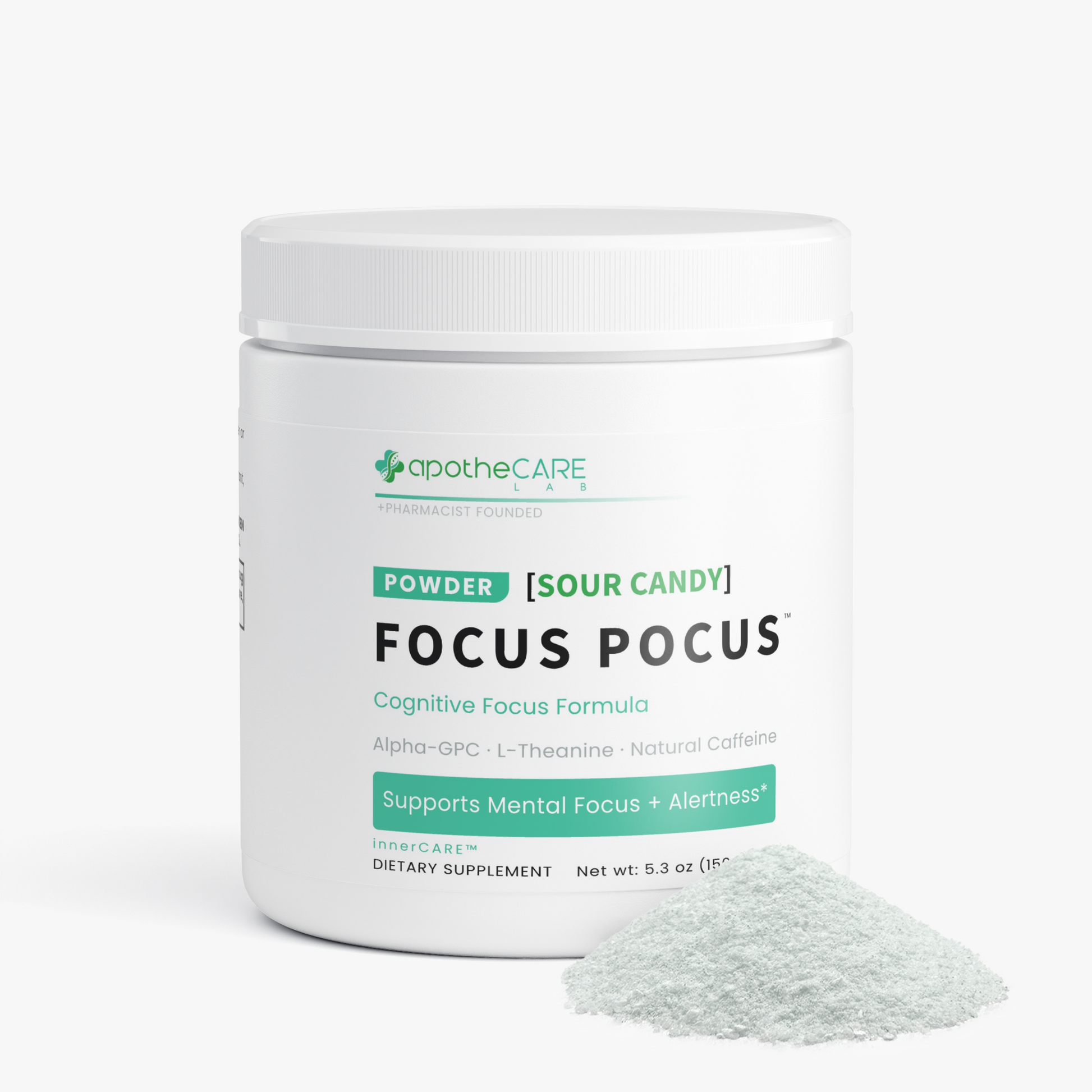 A white plastic tub of apotheCARE Focus Pocus dietary supplement powder with a small pile of the light greenish-white powder in front, on a clean white background.