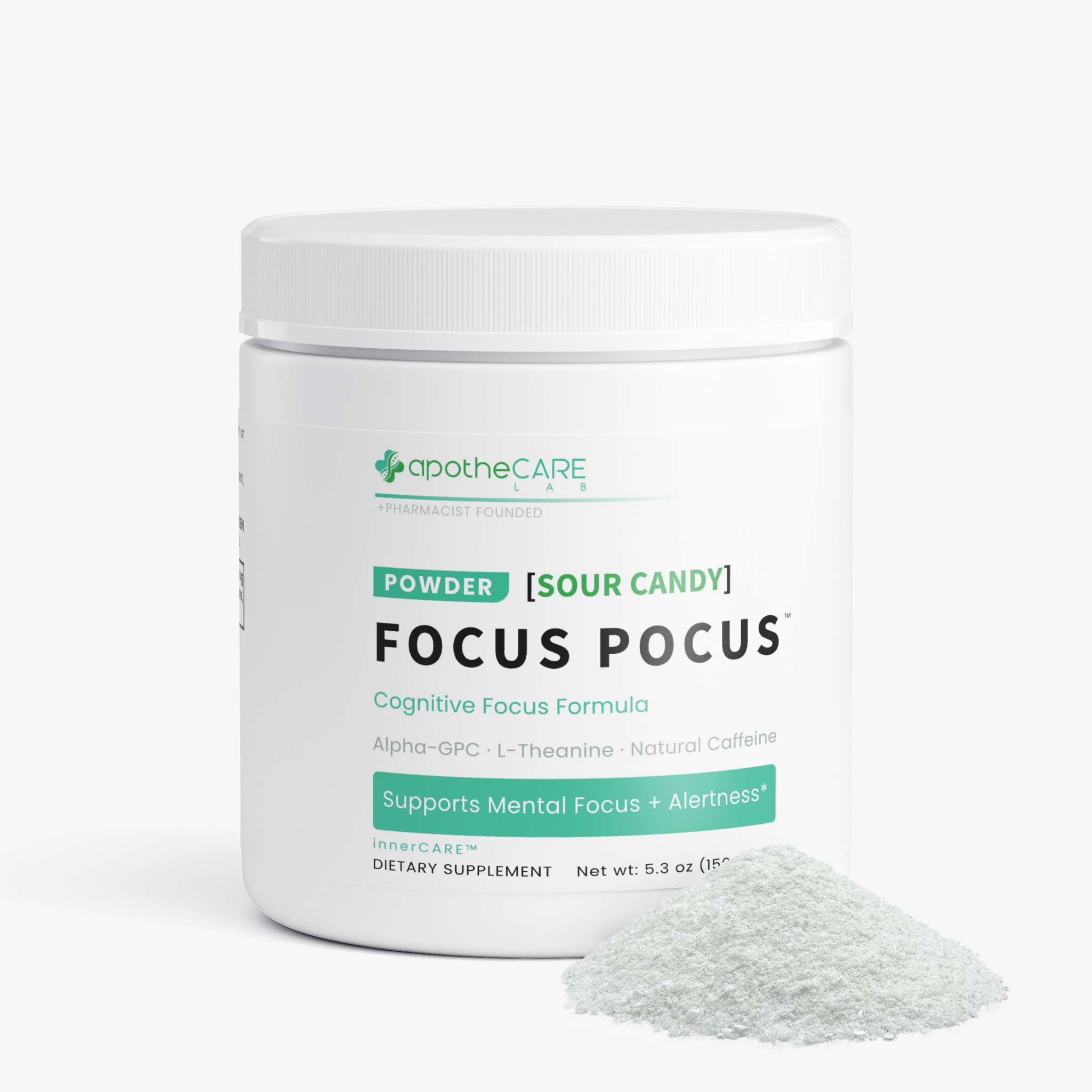 A white plastic tub of apotheCARE Focus Pocus dietary supplement powder with a small pile of the light greenish-white powder in front, on a clean white background.
