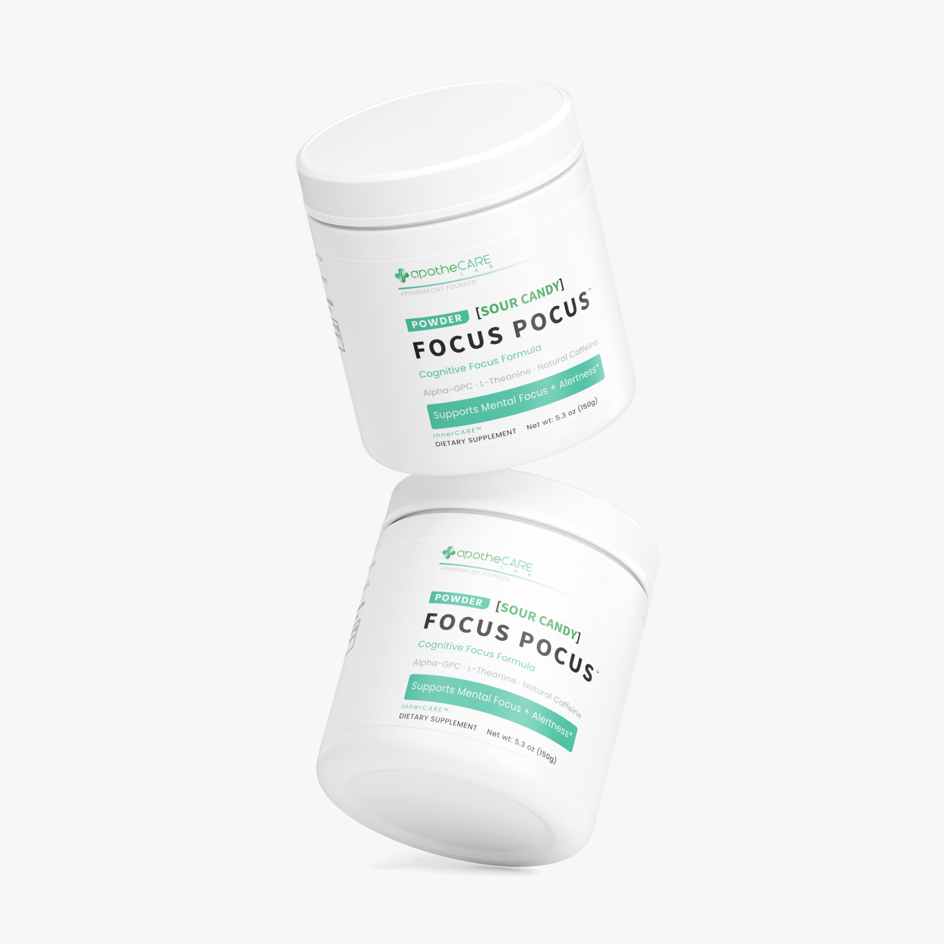 Two white plastic supplement tubs of apotheCARE Lab Focus Pocus powder, floating diagonally on a clean white background.