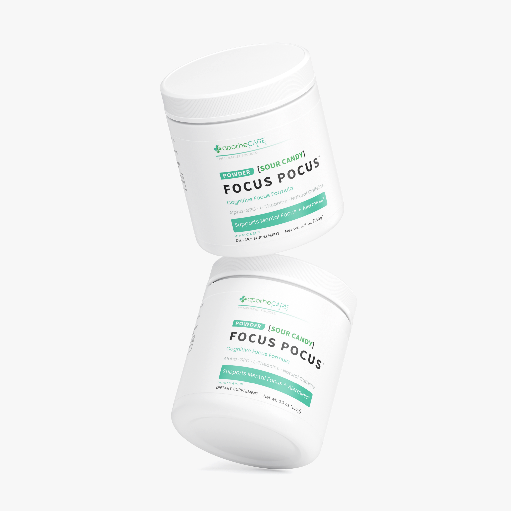Two white plastic supplement tubs of apotheCARE Lab Focus Pocus powder, floating diagonally on a clean white background.