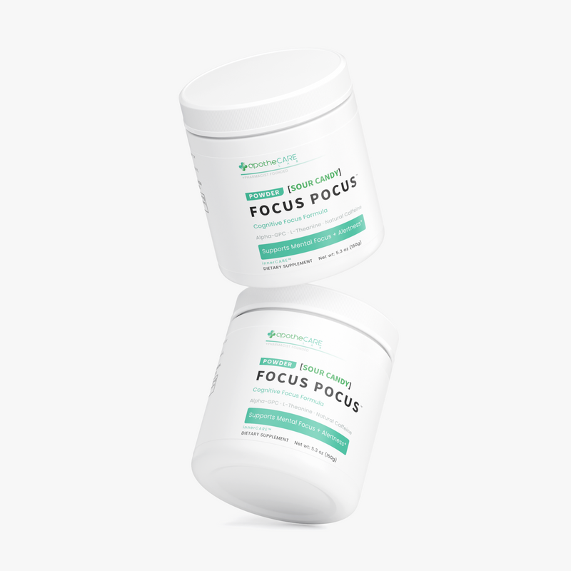 Two white plastic supplement tubs of apotheCARE Lab Focus Pocus powder, floating diagonally on a clean white background.
