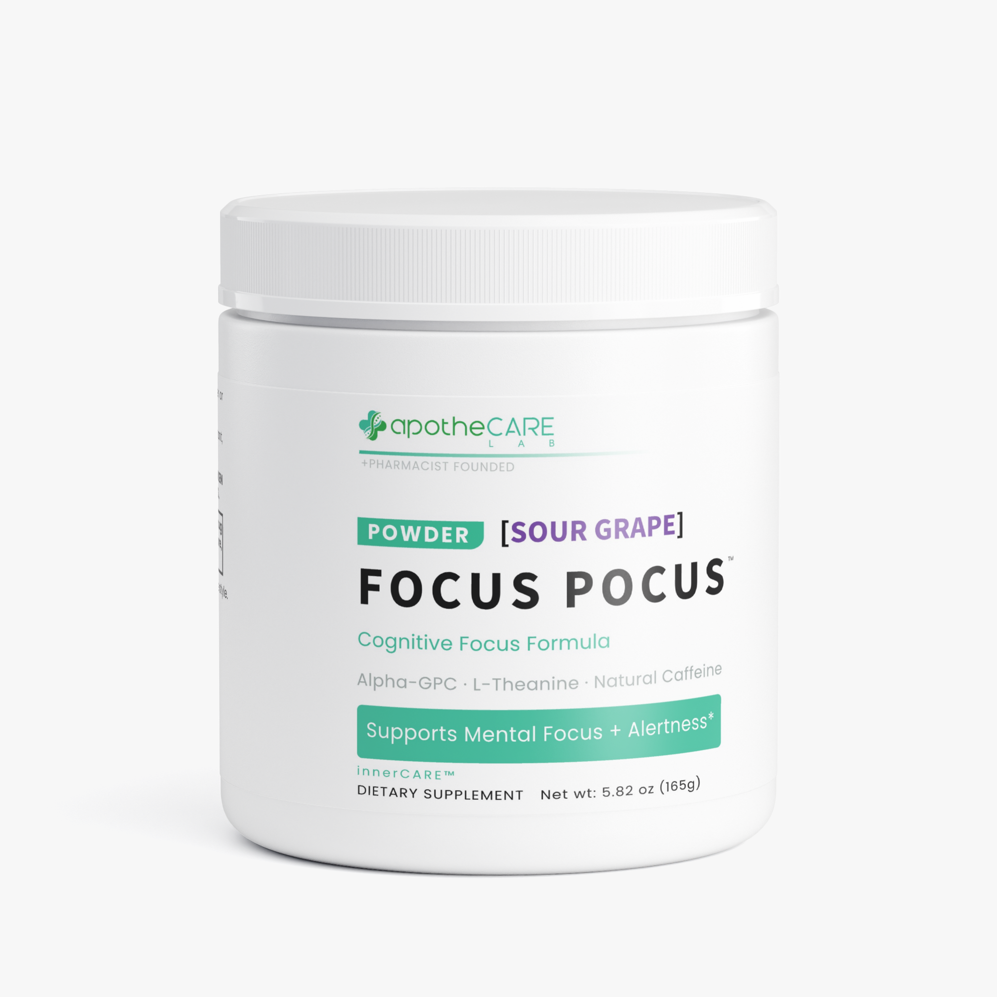 A white plastic tub of apotheCARE Focus Pocus dietary supplement powder, specifically Sour Grape flavor, on a clean white background.