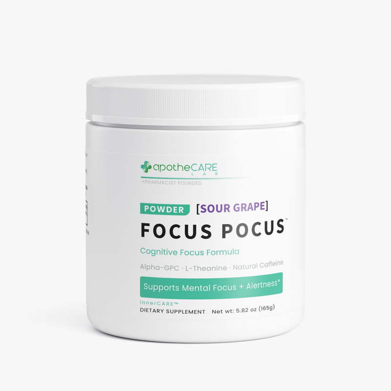 A white plastic tub of apotheCARE Focus Pocus dietary supplement powder, specifically Sour Grape flavor, on a clean white background.