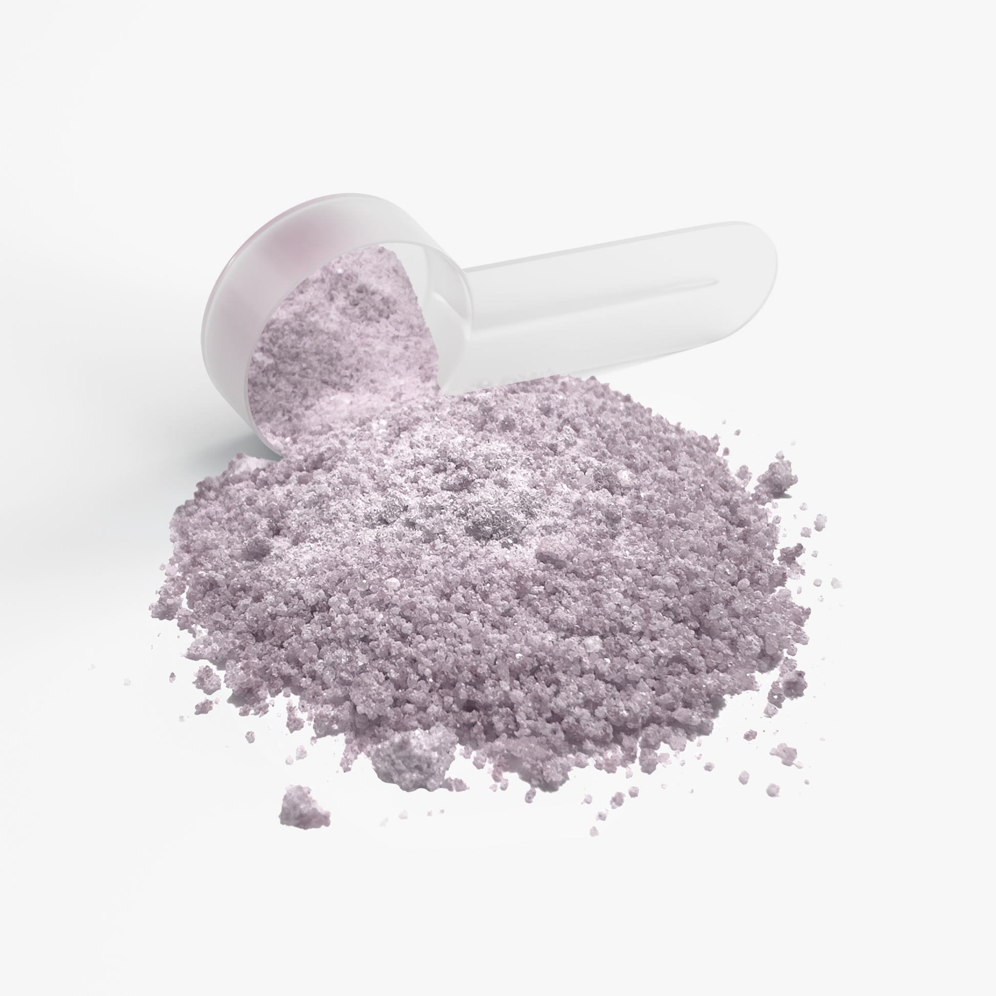 A pile of light lavender-gray powder spilled from a clear plastic scoop on a clean white background.