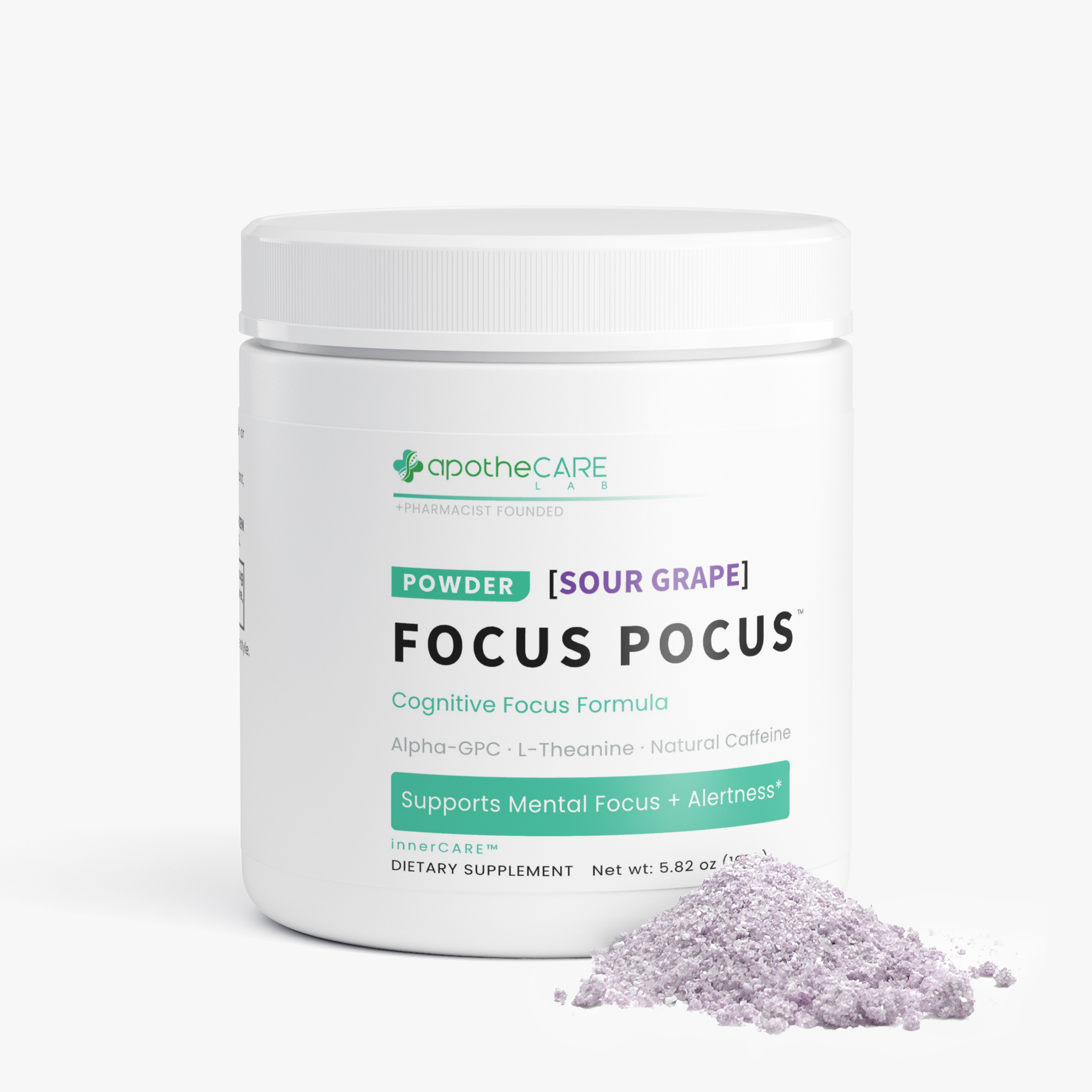 A white plastic tub of apotheCARE Focus Pocus dietary supplement powder with a small pile of light purple powder in front, on a clean white background.