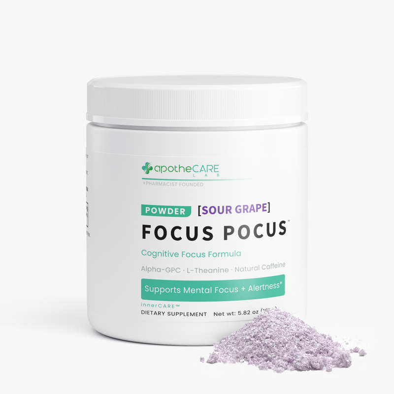 A white plastic tub of apotheCARE Focus Pocus dietary supplement powder with a small pile of light purple powder in front, on a clean white background.