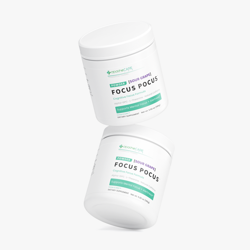 Two white plastic supplement jars of Focus Pocus powder by apotheCARE Lab, floating diagonally on a clean white background.