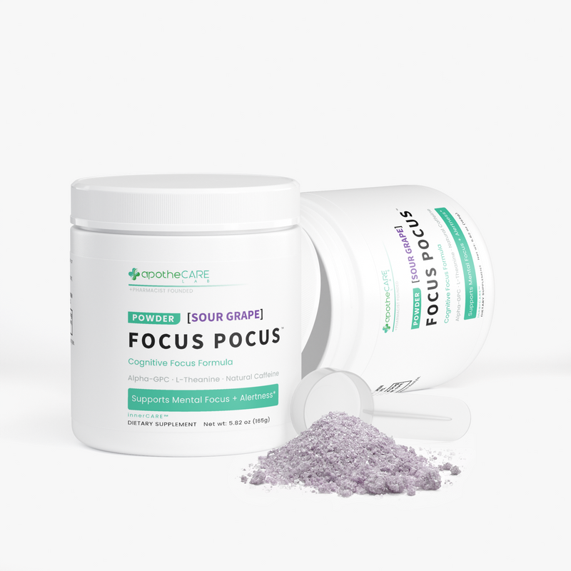 Two white jars of ApotheCare Focus Pocus dietary supplement powder, one upright and one tipped on its side, with a small pile of light purple powder in front on a clean white background.
