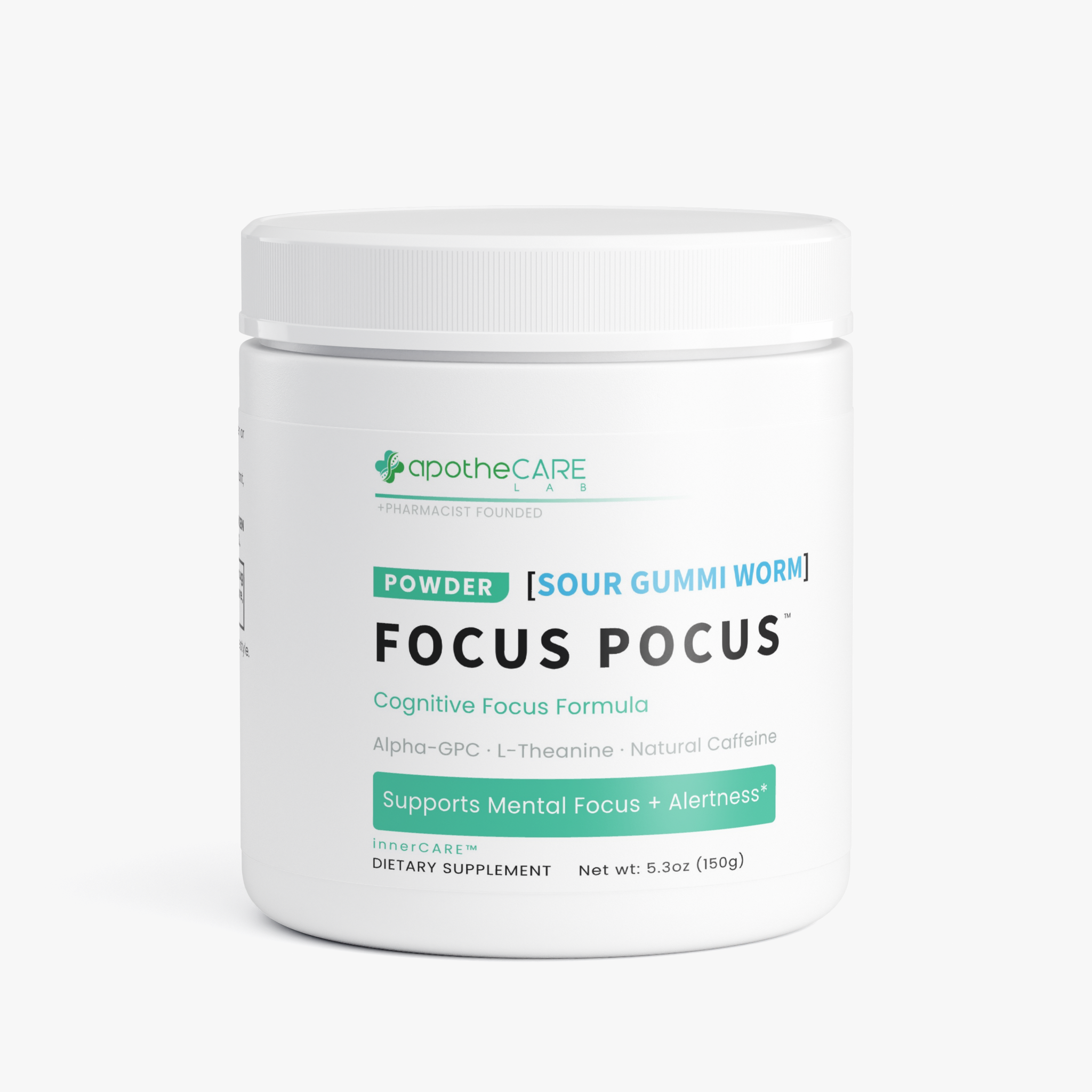 A white plastic jar of apotheCARE Focus Pocus dietary supplement powder, featuring a white lid and a label with green and black text on a light gray background.
