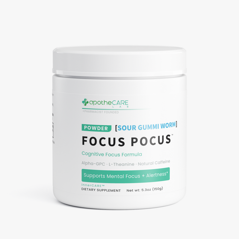 A white plastic jar of apotheCARE Focus Pocus dietary supplement powder, featuring a white lid and a label with green and black text on a light gray background.