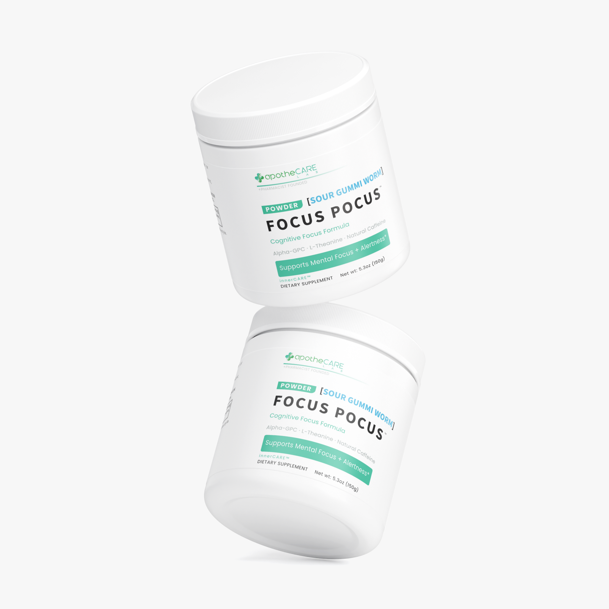 Two white plastic supplement tubs labeled Focus Pocus, shown floating on a light gray background.