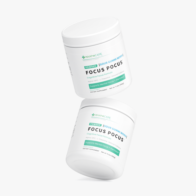Two white plastic supplement tubs labeled Focus Pocus, shown floating on a light gray background.