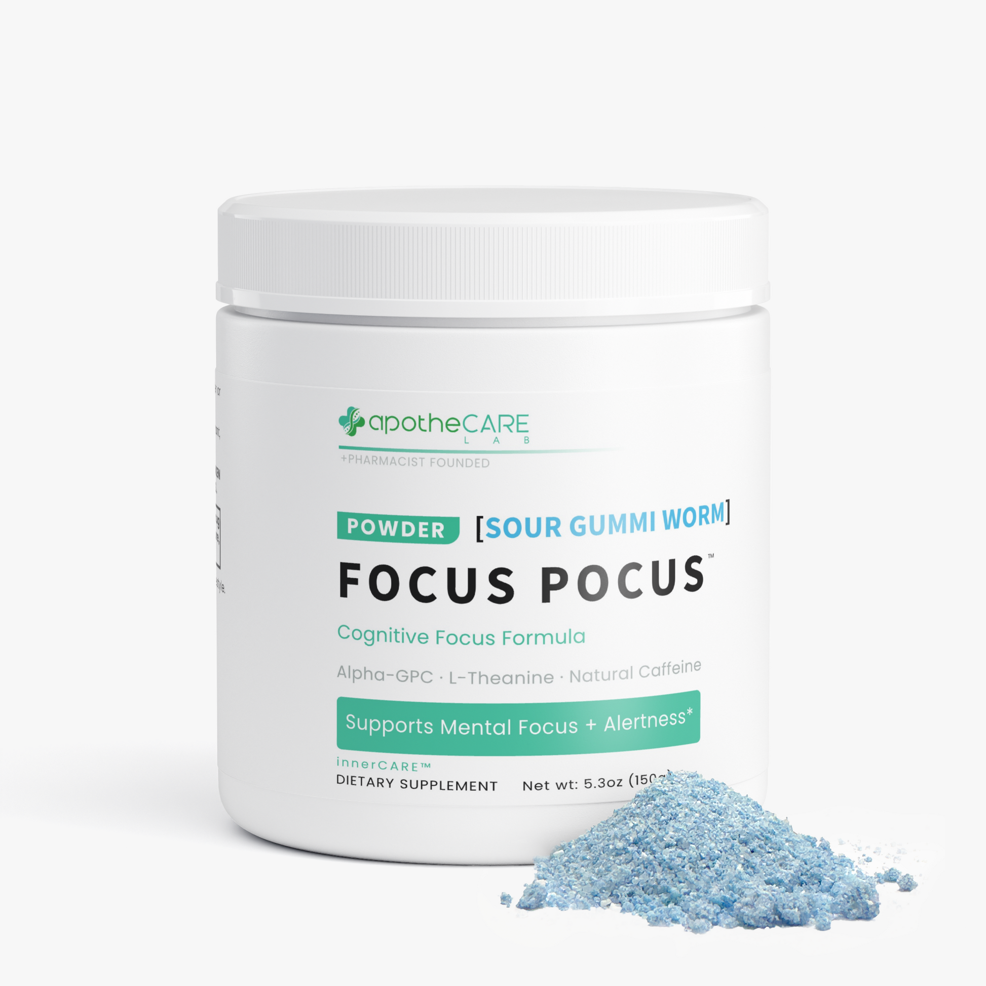 A white plastic jar of apotheCARE Focus Pocus dietary supplement powder with a small pile of light blue granules in front, set against a clean white background.
