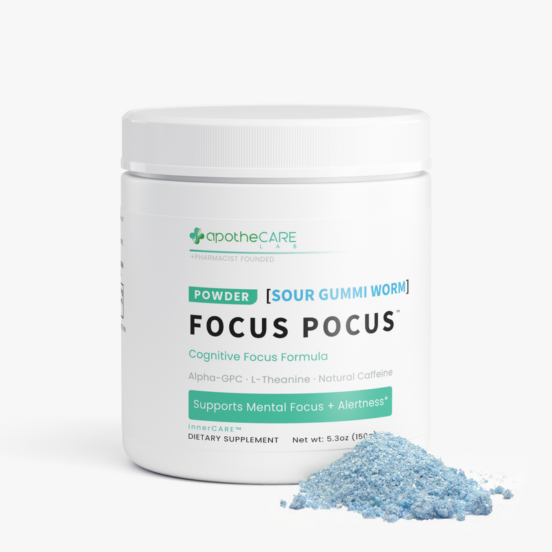 A white plastic jar of apotheCARE Focus Pocus dietary supplement powder with a small pile of light blue granules in front, set against a clean white background.